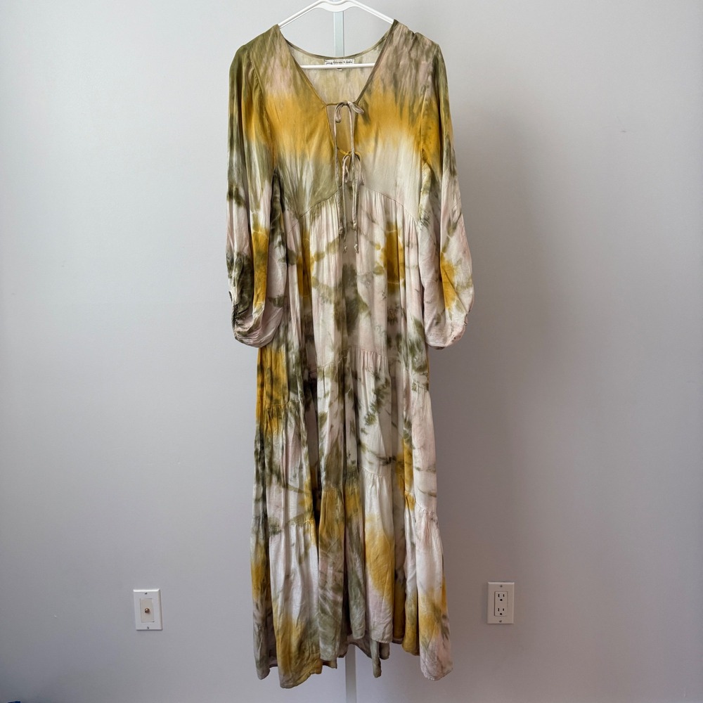 Young Fabulous & Broke Rayon Boho Beachy Relaxed Tie Dye Maxi Dress XS Green